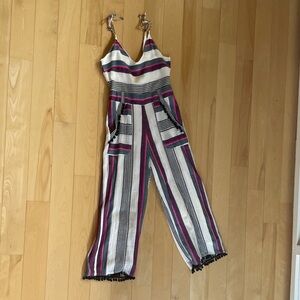 Saylor, Striped V-Neck Wide-Leg Jumpsuit in White and Magenta